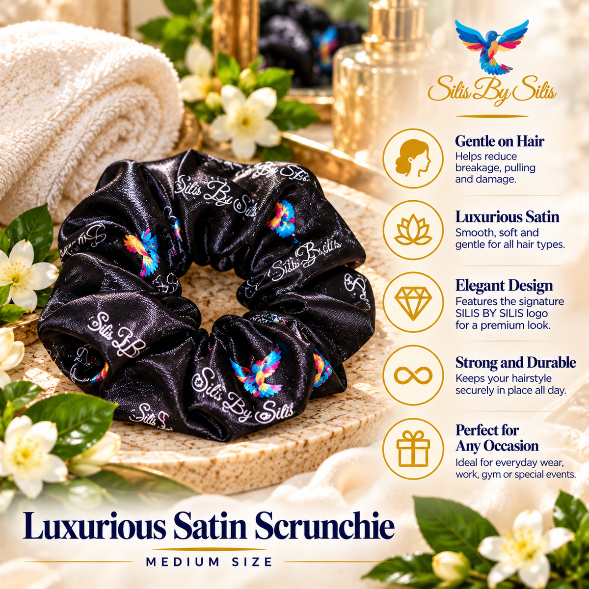 Black Satin Hair Scrunchie – Medium | Luxury Hair Accessory