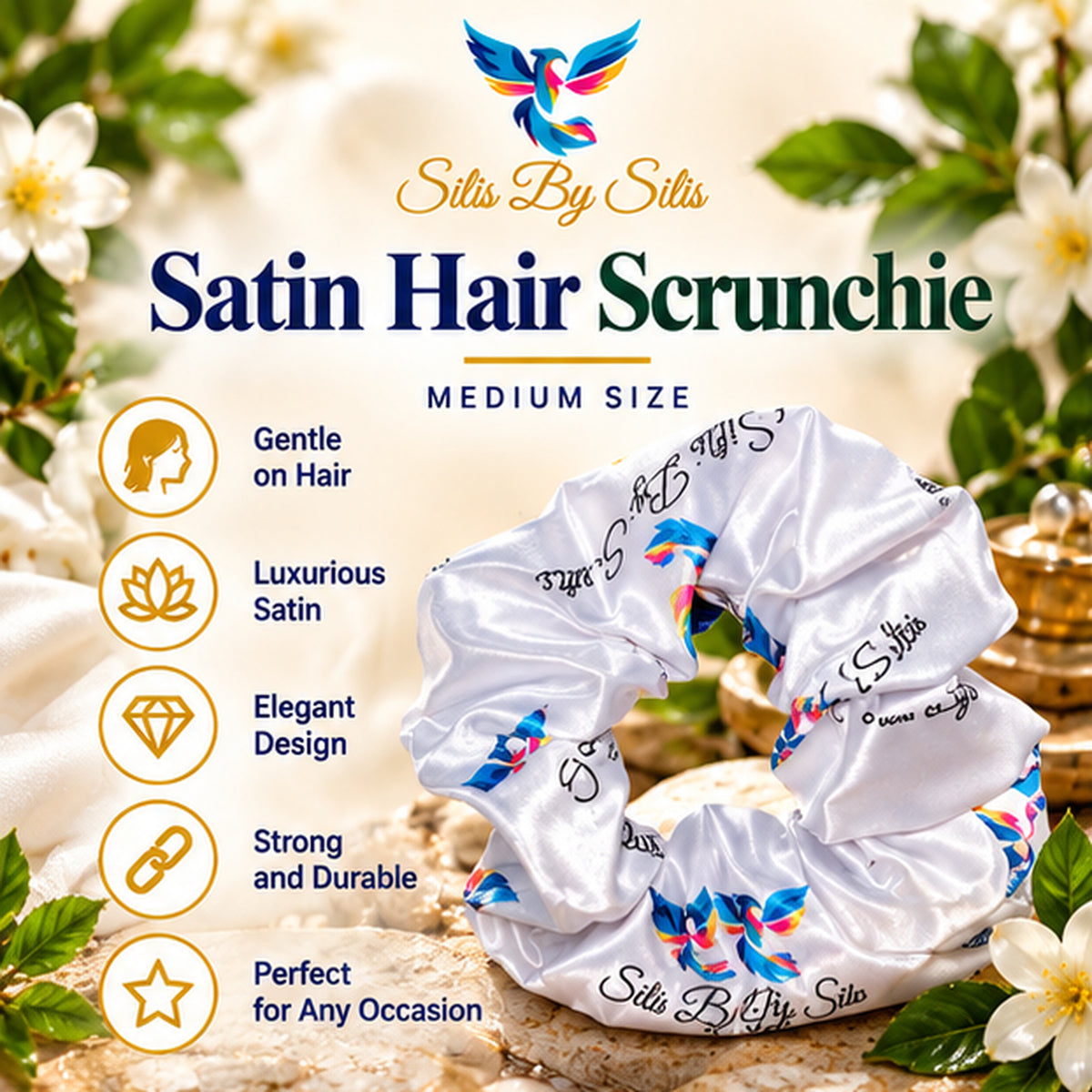 White Satin Hair Scrunchie – Medium | Luxury Hair Accessory