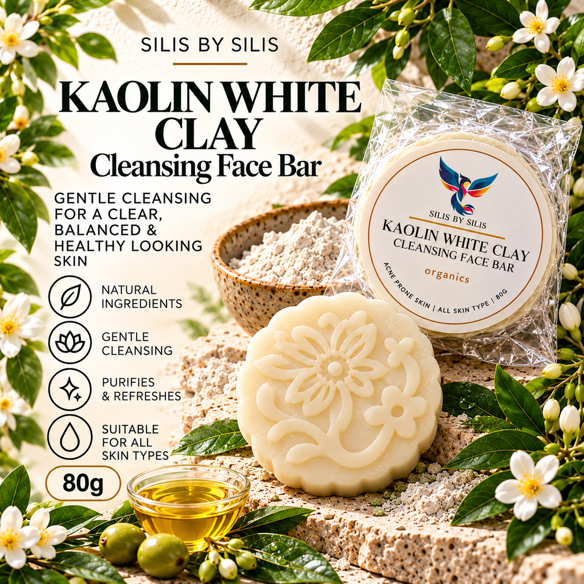 Kaolin White Clay Cleansing Face Bar – 80g