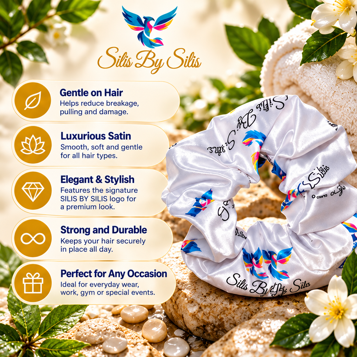 White Satin Hair Scrunchie – Medium | Luxury Hair Accessory