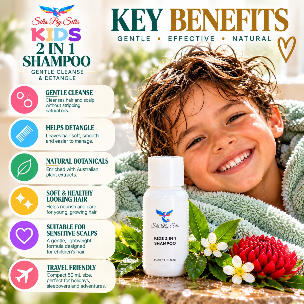 Kids 2 in 1 Shampoo – Gentle Cleanse & Detangle | Travel Size 50ml