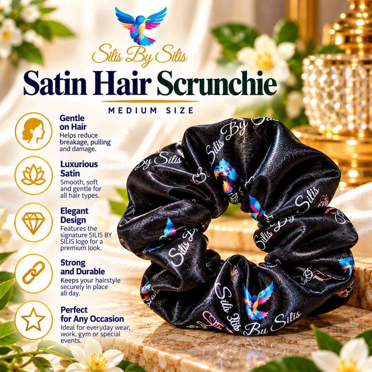 Black Satin Hair Scrunchie – Medium | Luxury Hair Accessory