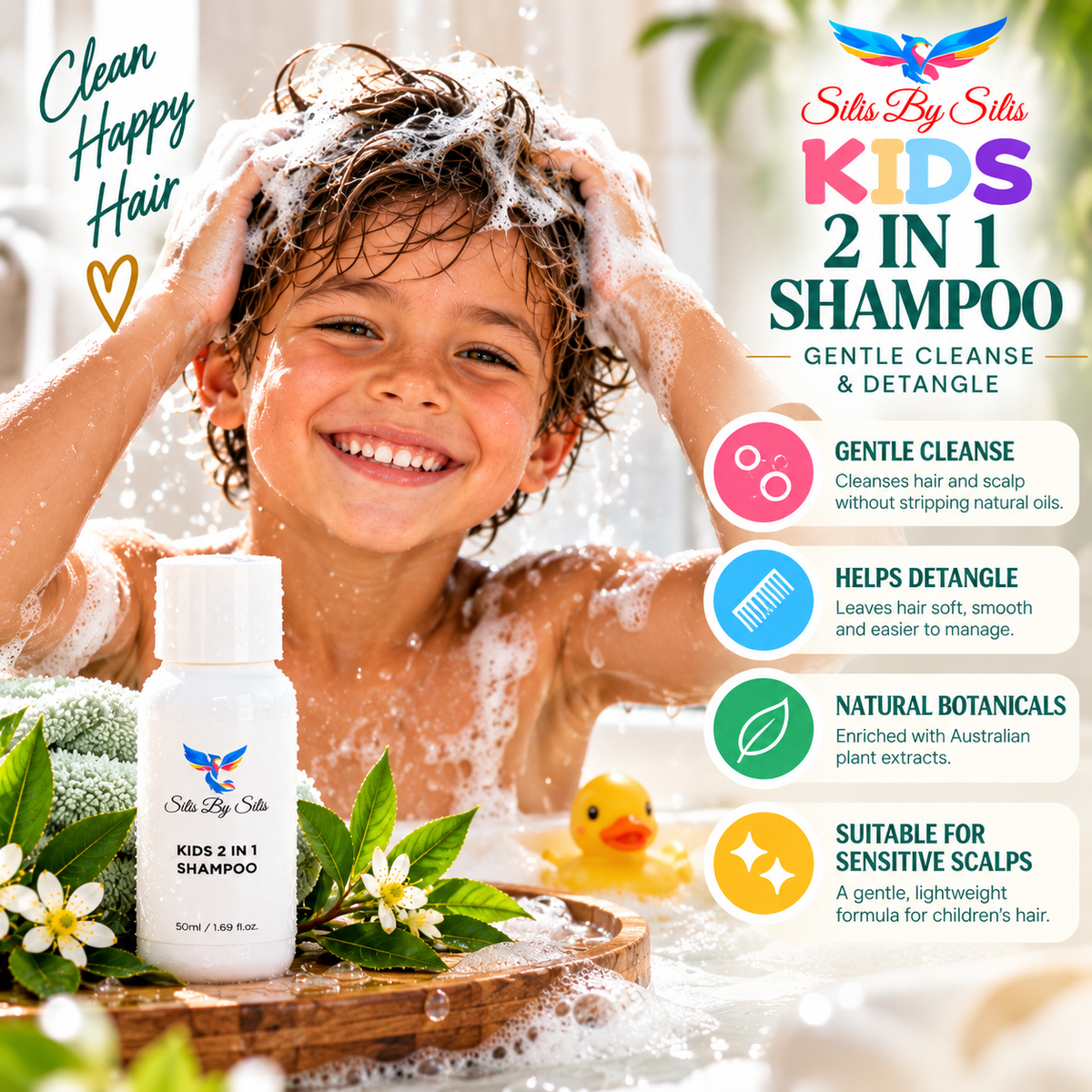 Kids 2 in 1 Shampoo – Gentle Cleanse & Detangle | Travel Size 50ml