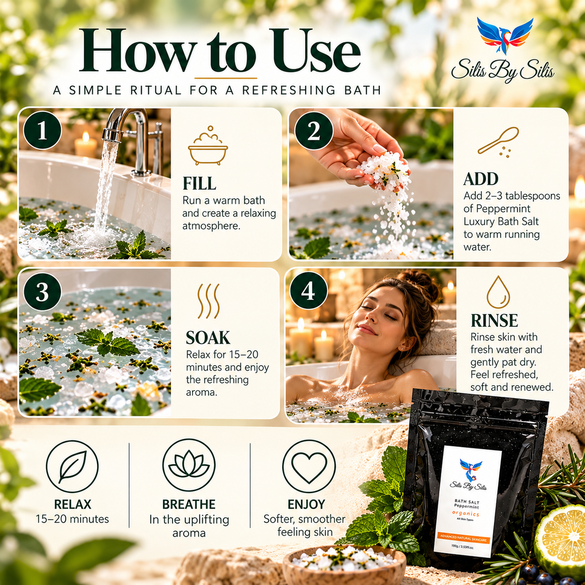 Peppermint Luxury Bath Salt 100g | Botanical Mineral Bath Soak