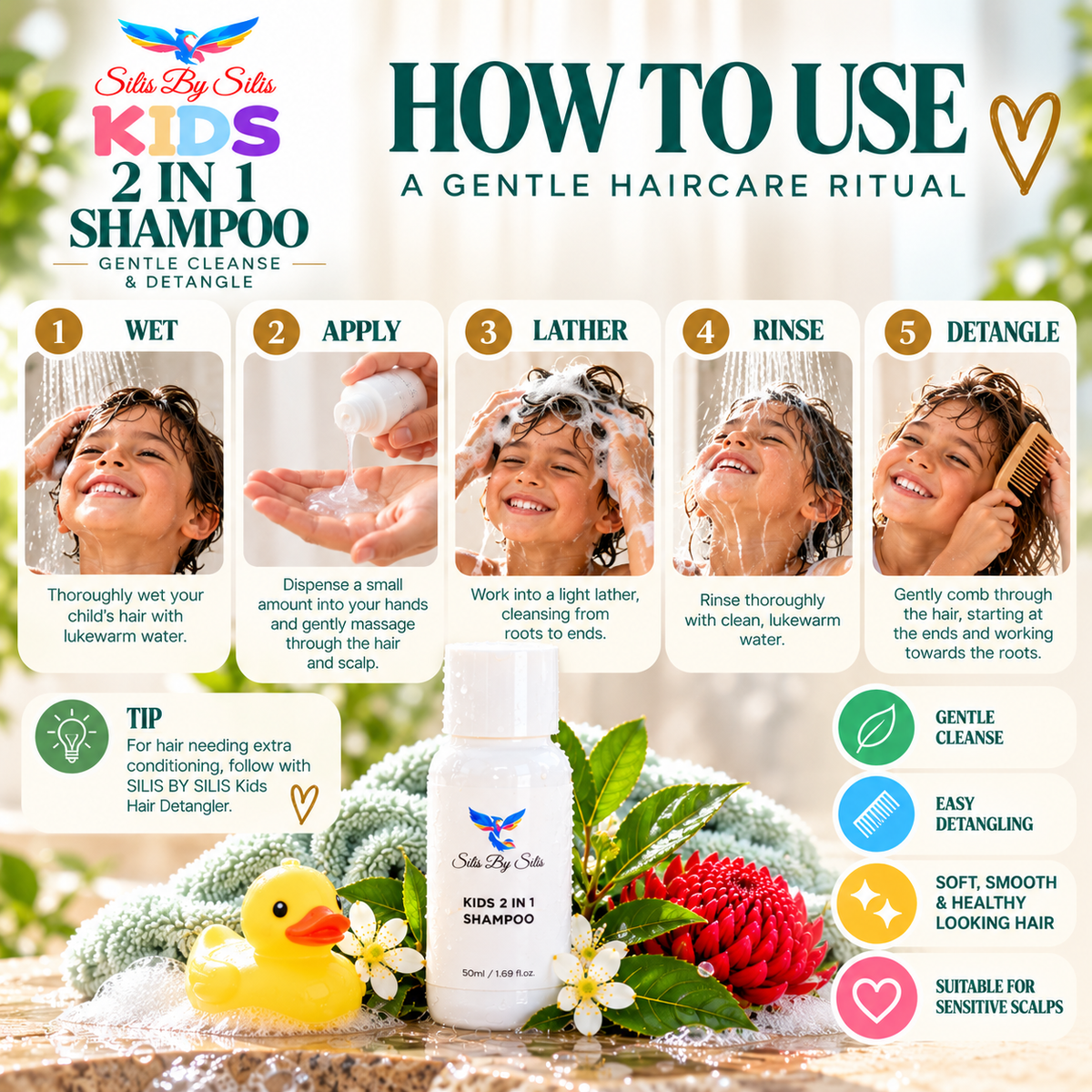 Kids 2 in 1 Shampoo – Gentle Cleanse & Detangle | Travel Size 50ml